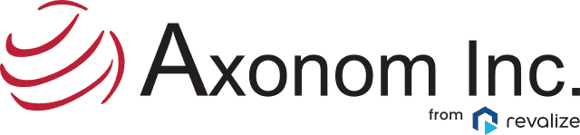 Axonom Inc. logo with a red globe design and text, accompanied by from Realize and a blue geometric icon.