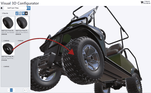 A 3D configurator shows a golf cart with a highlighted tire; an arrow points from a tire option in the sidebar to the installed rear tire on the vehicle.