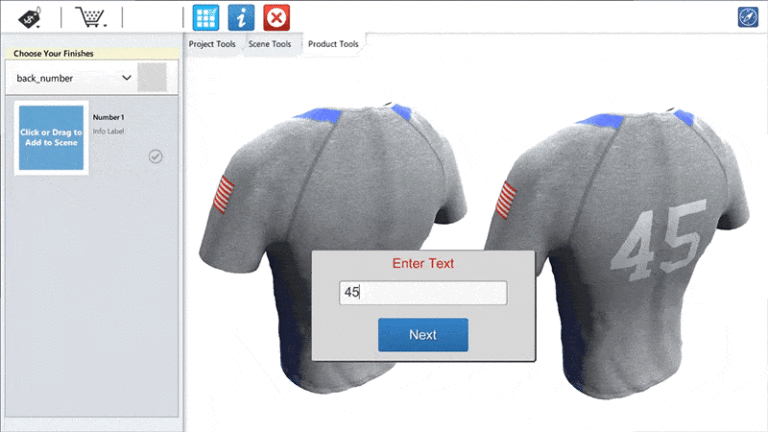 A digital interface shows customization of a gray sports jersey with the number 45 on the back and American flag patches on the sleeves.