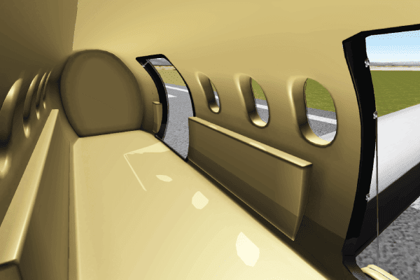 View from inside a small private jet showing tan interior, rounded seats, oval windows, and a glimpse of the runway and wing outside.