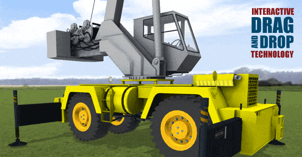 Animated image of a yellow mobile crane with stabilizers extended, demonstrating drag and drop interactive technology. Text reads: INTERACTIVE DRAG AND DROP TECHNOLOGY.