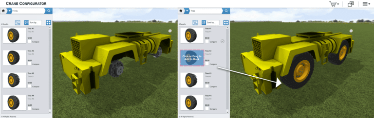Three side-by-side screenshots show a yellow crane vehicle in a 3D configurator. The left image shows missing wheels, the center has a wheel selected, and the right shows the wheel attached.
