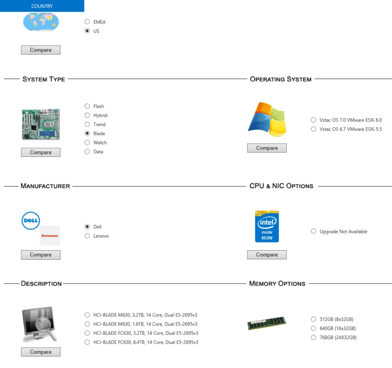 Screenshot of a server configuration form showing options for country, system type, operating system, manufacturer, CPU & NIC, description, and memory selections.