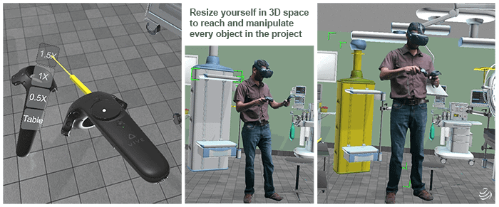 A person uses a VR headset and controller to manipulate and resize medical equipment in a virtual 3D environment, with interface options shown for scaling the view.
