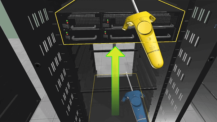 A virtual reality interface shows a user with hand controllers removing a server component from a rack, indicated by a green upward arrow.