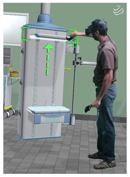 A man wearing a VR headset interacts with a virtual control panel, adjusting a simulated medical or industrial device using handheld controllers.