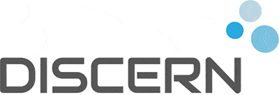 The word DISCERN in bold gray capital letters with three blue gradient circles positioned above and to the right of the text.